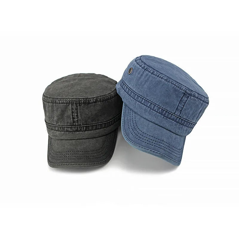 Cotton flat top military cap showing adjustable back and structured crown in army green colour