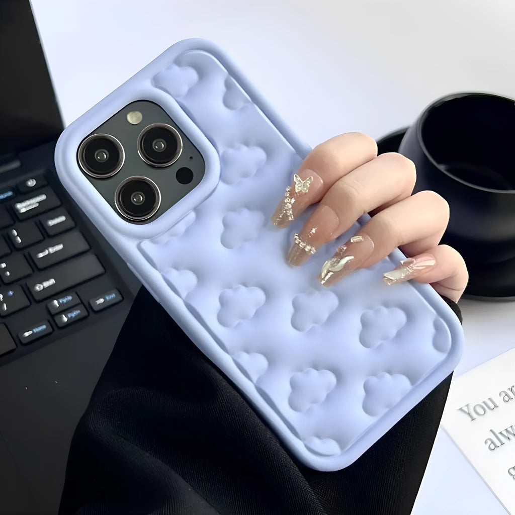 Hand oil three-dimensional cloud phone case TPU in pink with embossed floral pattern for iPhone