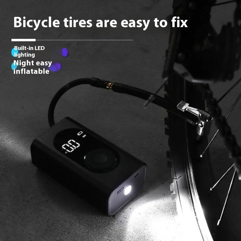 Handheld wireless tyre pump with digital display, air hose, USB cable, and LED flashlight.