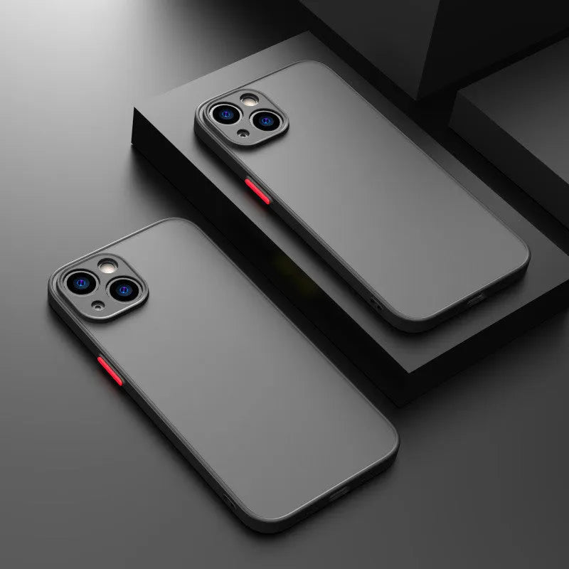 Frosted hard black iPhone case showing fine hole pattern and full camera lens cutout.