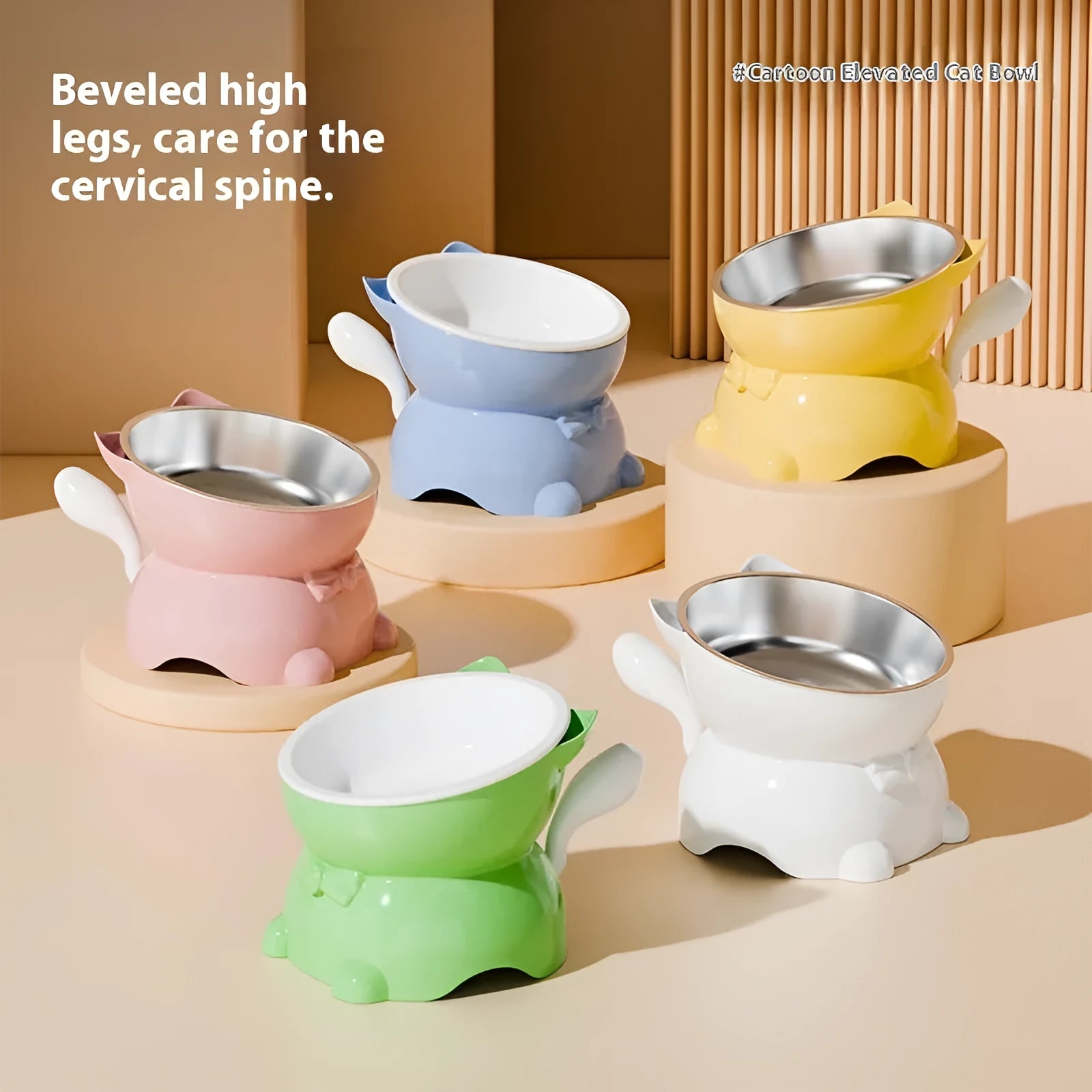 Stainless steel slanted cat bowl with silicone base in blue, showing its anti-fall design.