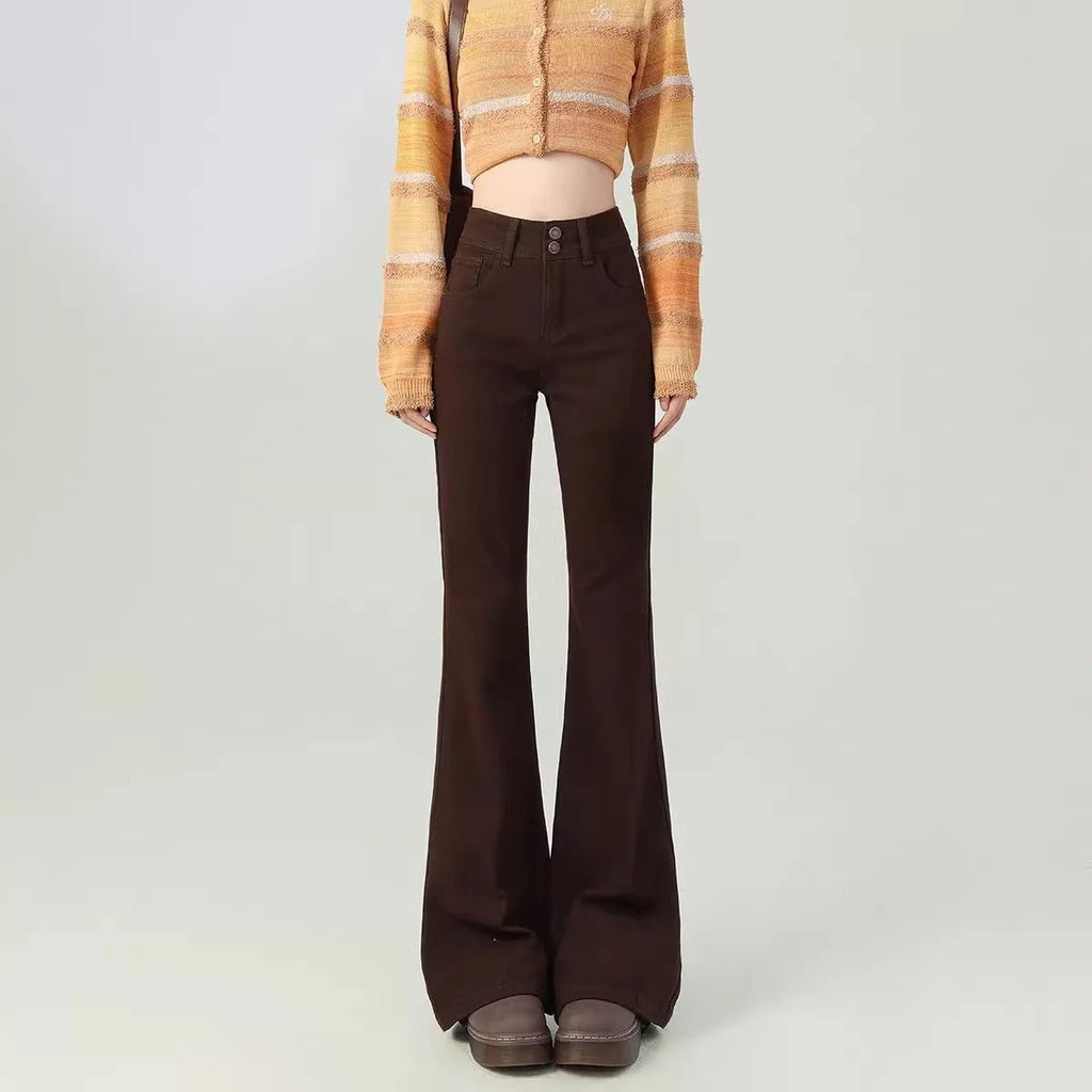 Brown high-waisted flared pants with double button, cotton, straight leg, petite fit.