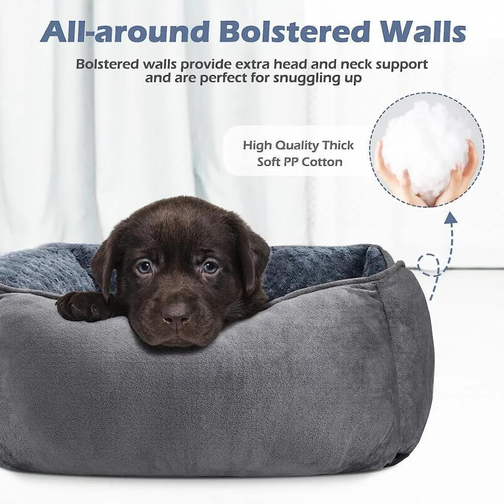Golden retriever print plush pet kennel bed with raised sides, shown in beige colour.