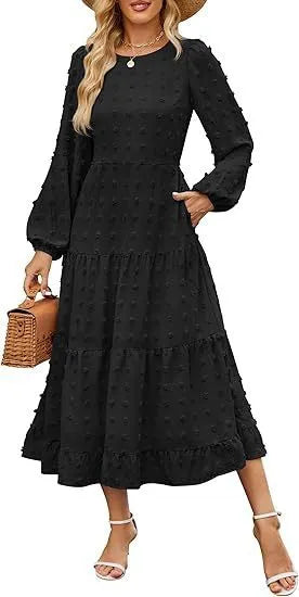 Women's beige high waist long sleeve dress with ruffle sleeves, shown front view.