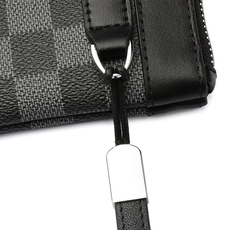 Black genuine cowhide leather men's clutch wallet showing its 20x10 cm size.