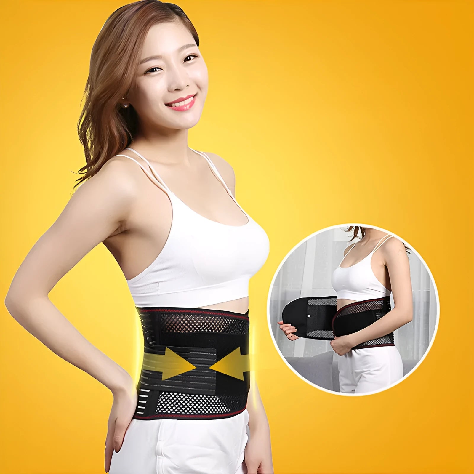 Black sports waist support belt with internal steel plate for lumbar protection, shown with size labels.