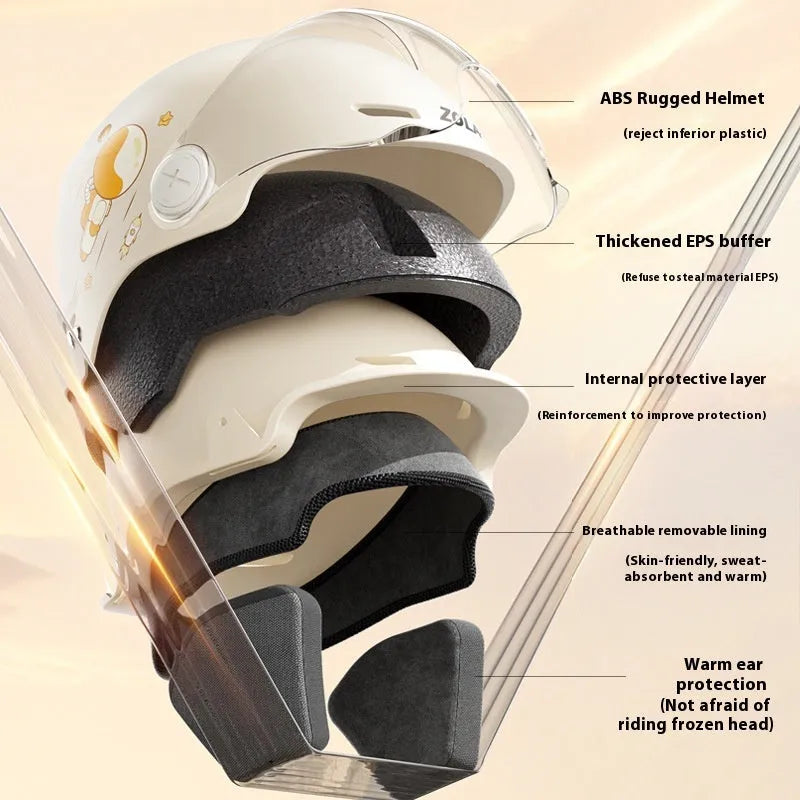 Khaki coloured motorcycle half-helmet for adults with integrated tinted glasses on a stand.
