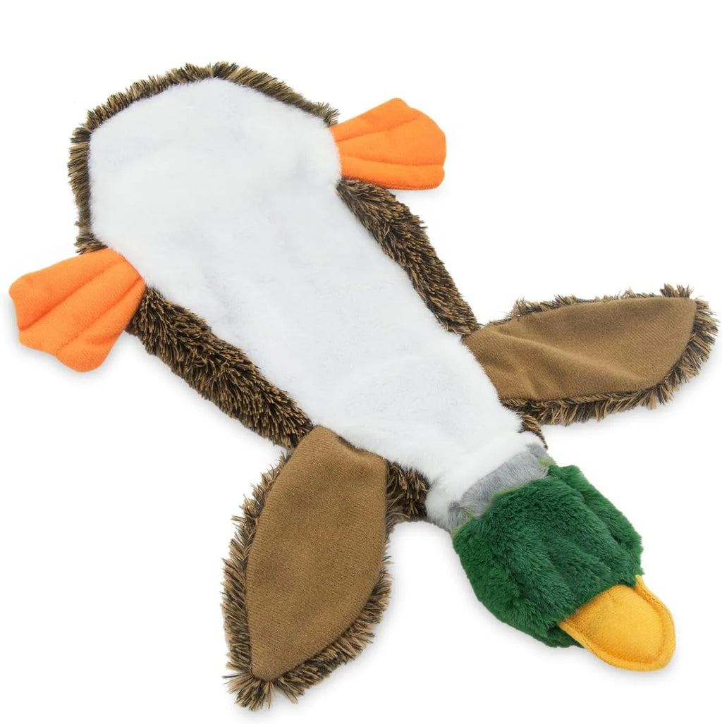 Green wild duck design stuffless dog toy with dual squeakers and bottle cavity opening