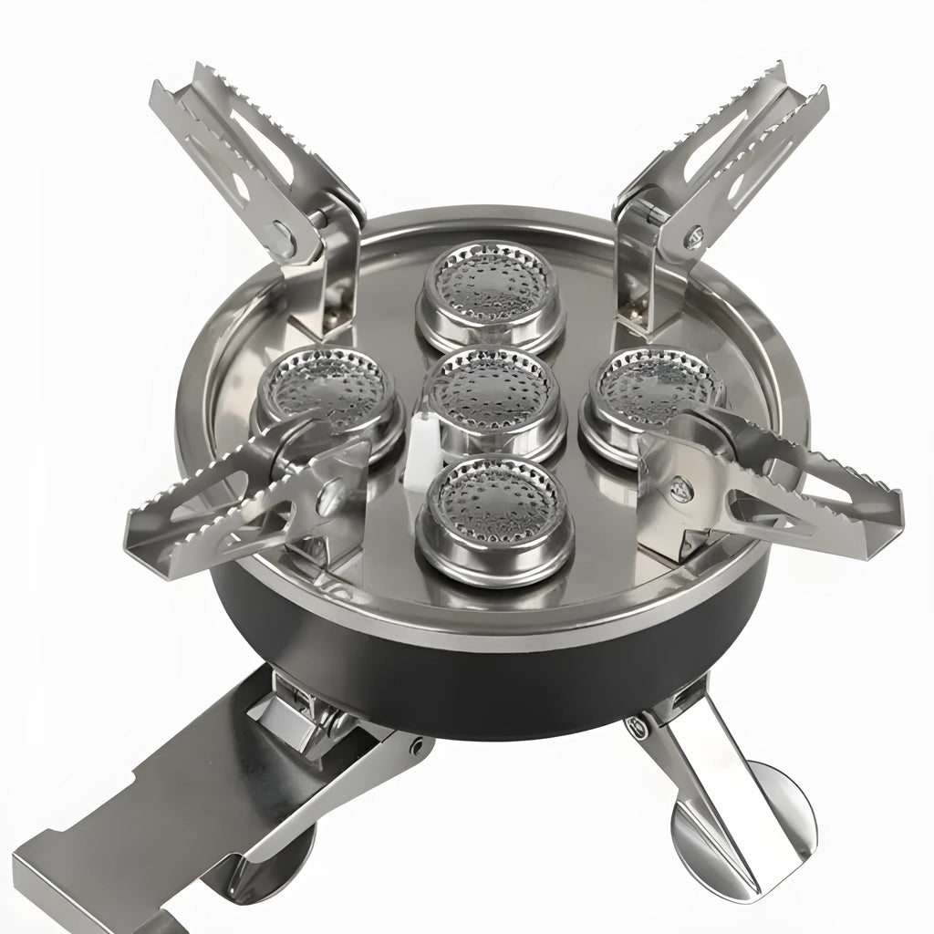 Silver portable stainless steel split camping stove with a long hose, shown folded.
