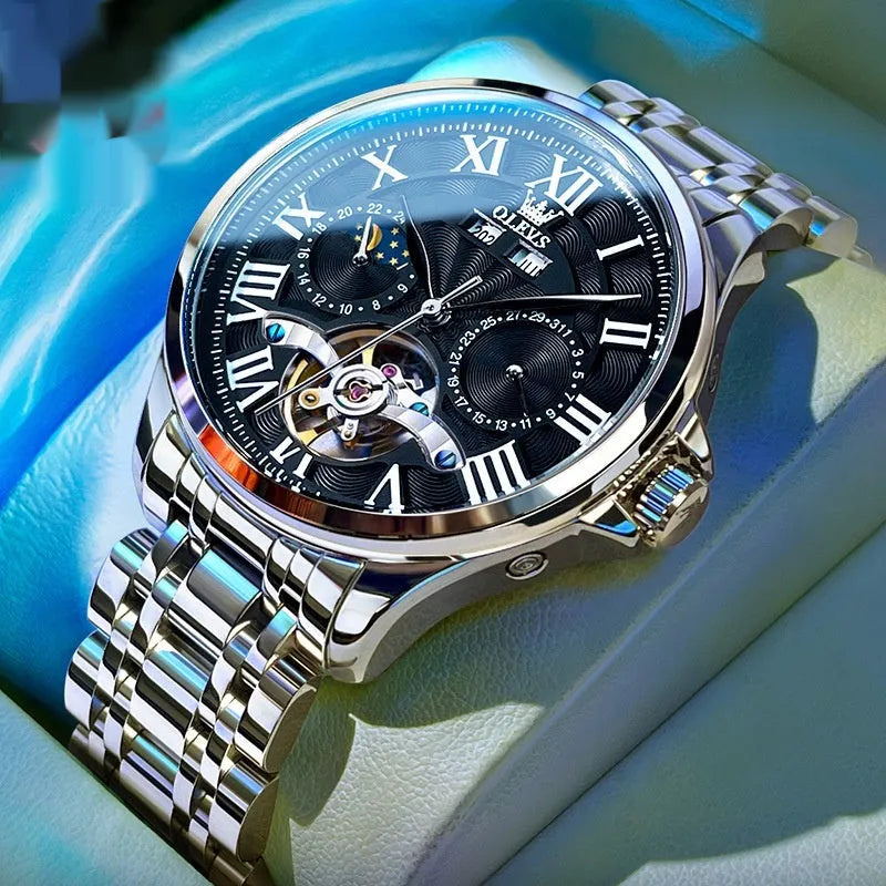 Automatic mechanical men's watch with double calendar, 11mm thickness, steel or leather strap, black or white dial