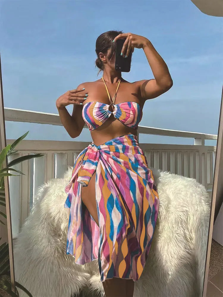 Women's printed bikini three-piece set with cover-up skirt in yellow green, magenta, or purple colours