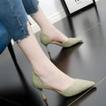 Women's black pointed toe stiletto high heels with a 6-8cm heel on a rubber sole.