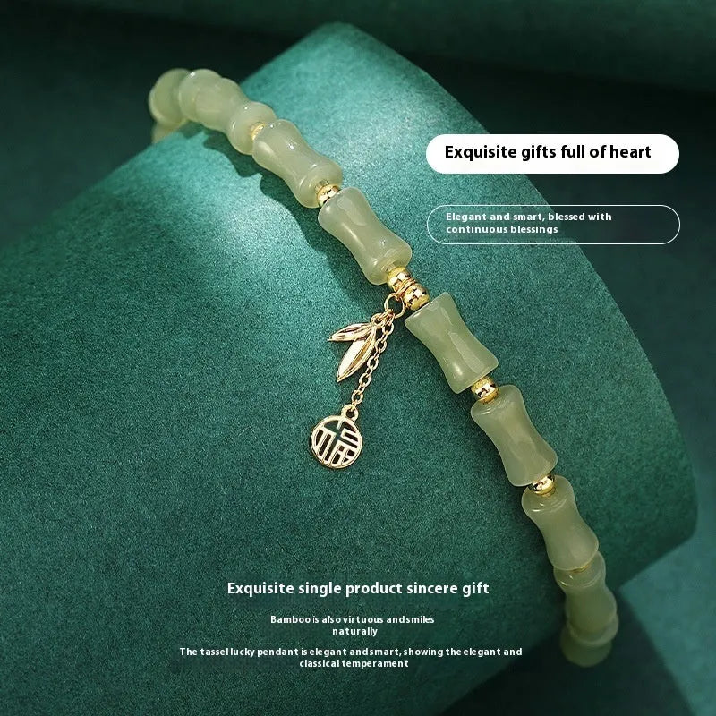 Chinese style bamboo joint bracelet and necklace set with Hetian jade accents