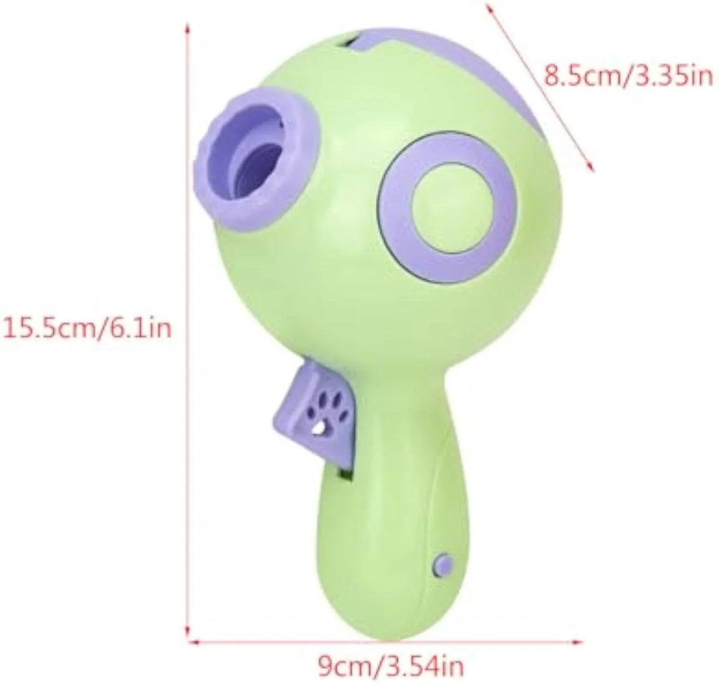 Green, orange, and pink interactive dog treat launcher toy with food dispenser
