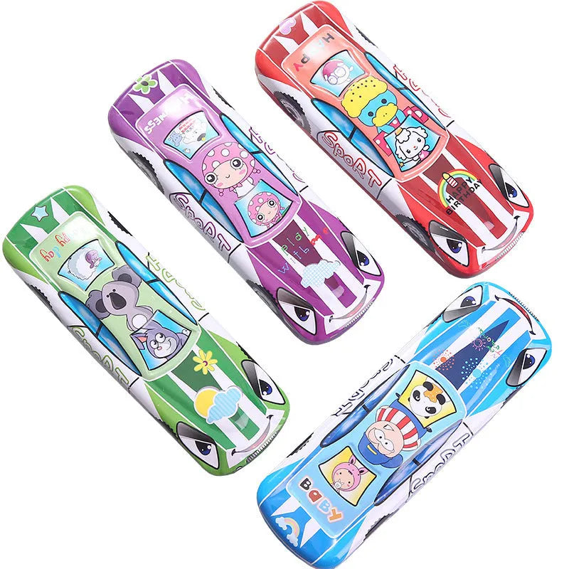 Tinplate racing car shaped double-layer stationery box pencil case with cartoon patterns