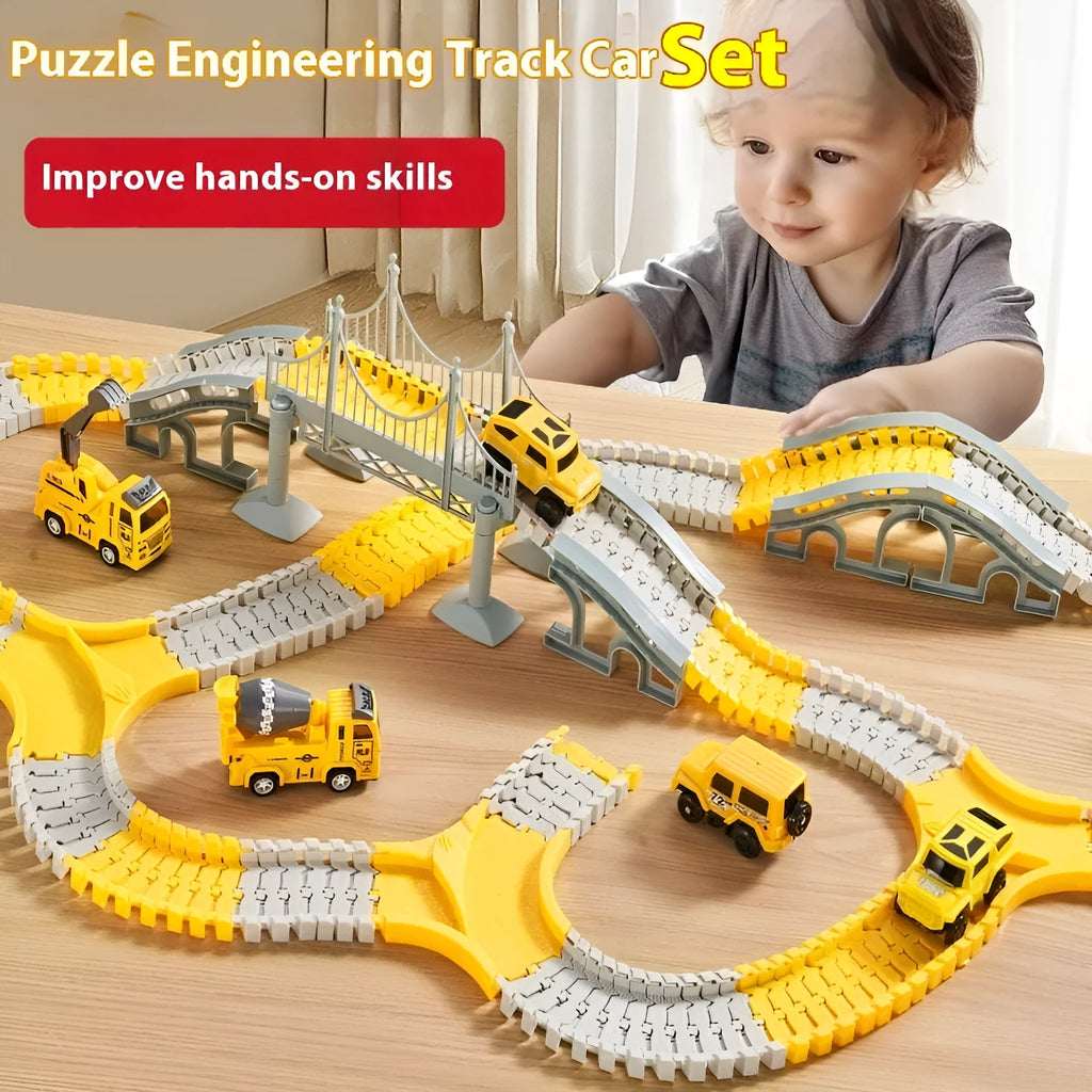 Rail car toy set with plastic track pieces and two electric vehicles in sliding layout