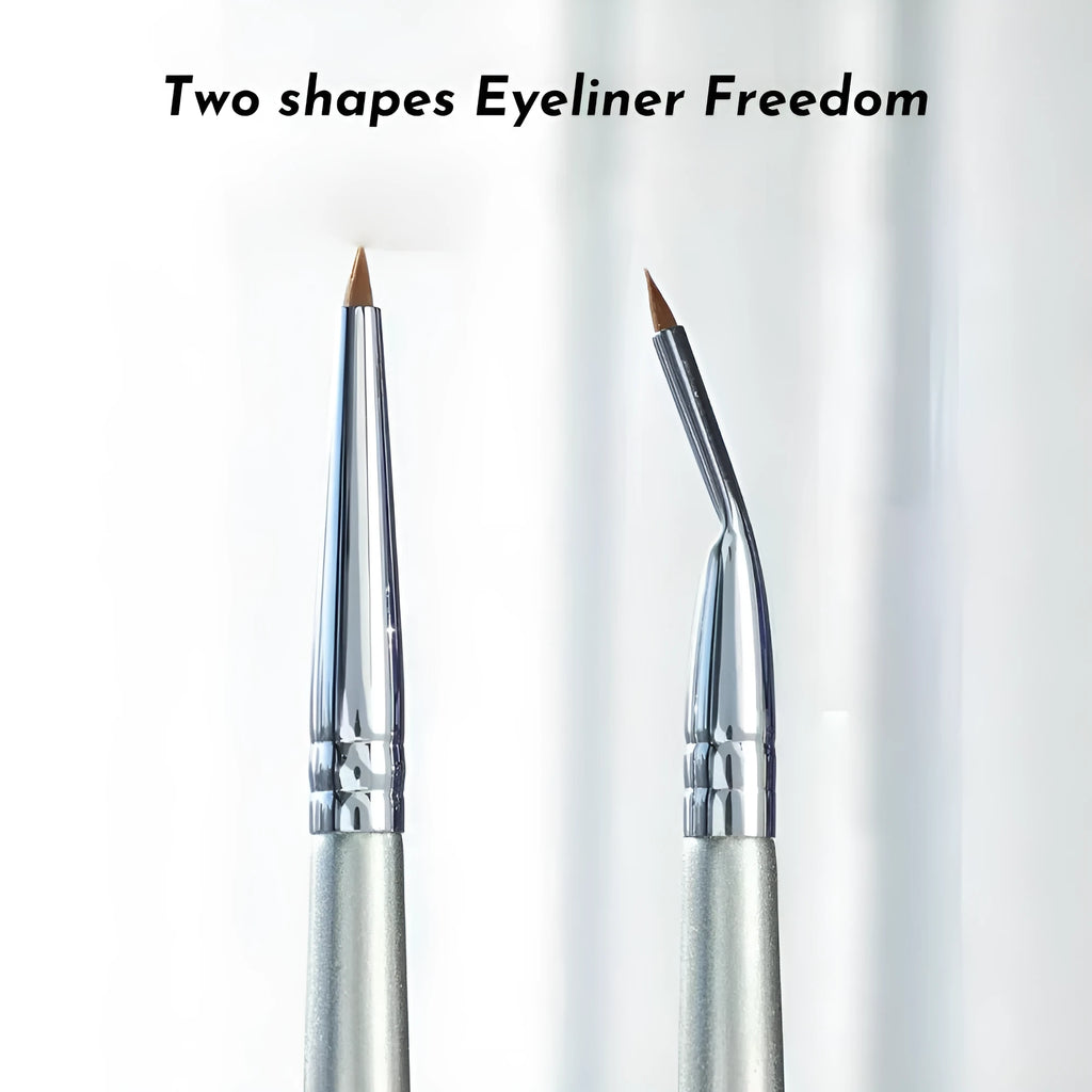 Angled bent head fine tip synthetic eyeliner and concealer makeup brush on a white background.