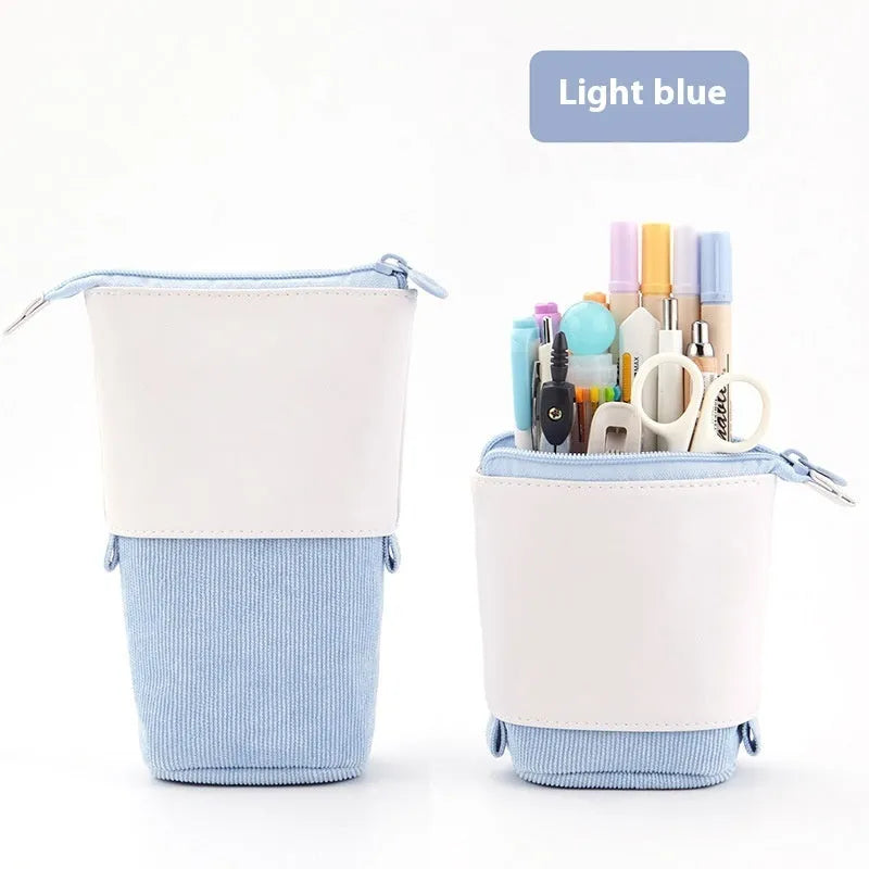 Drop-down telescopic stationery case in cotton linen with PU corduroy exterior in six colour options