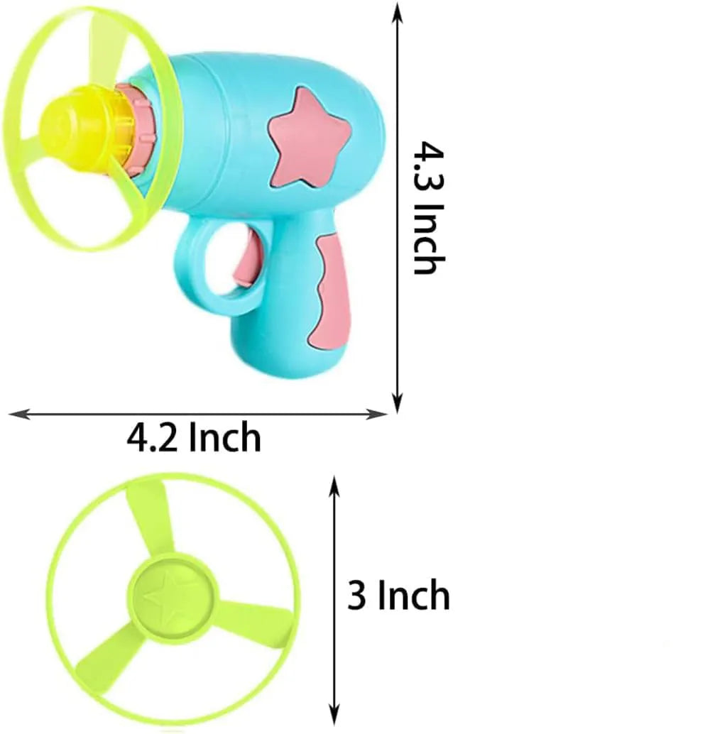 Blue interactive cat toy gun launching plastic frisbee for indoor feline play
