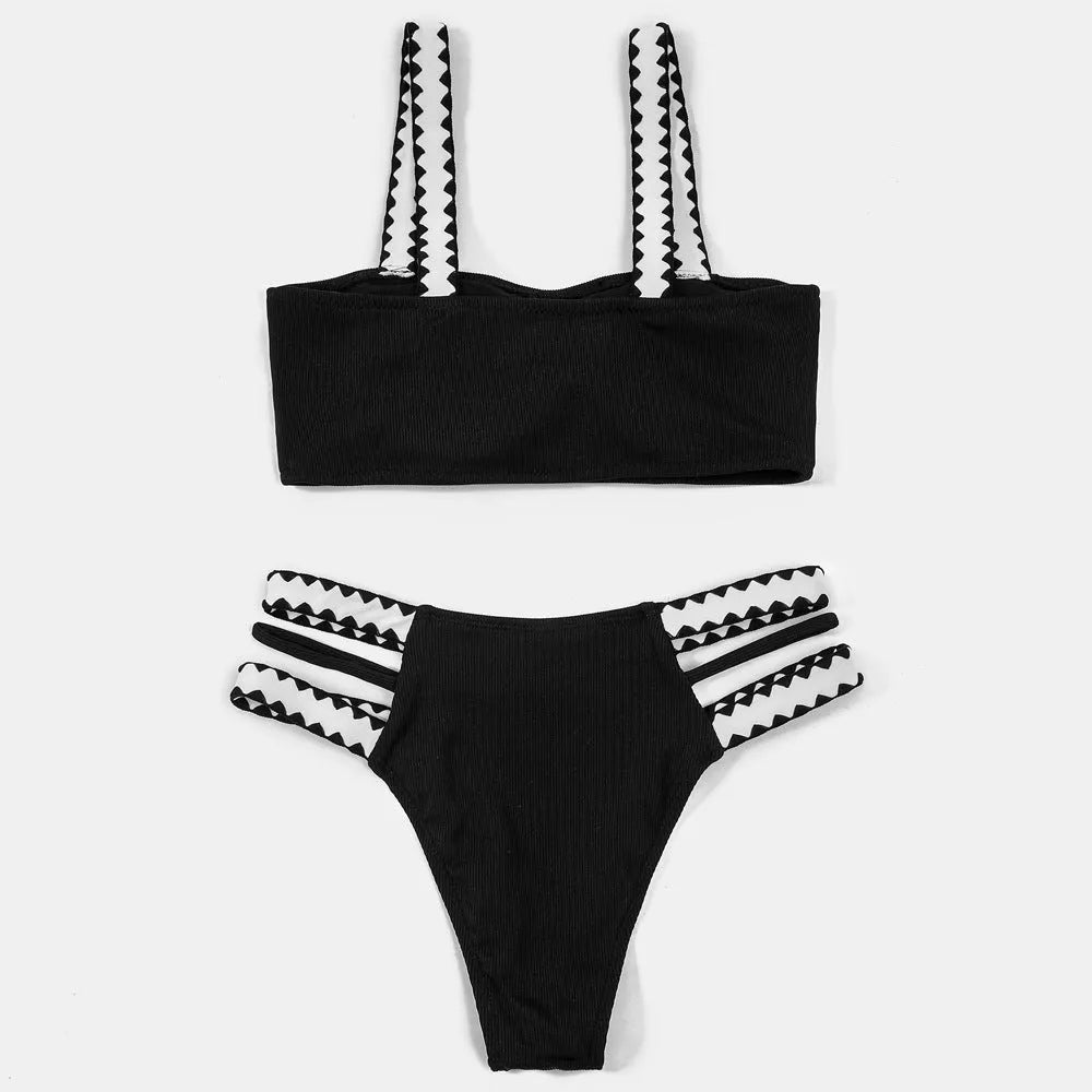 Black women's hollowed-out split briefs swimsuit bikini set