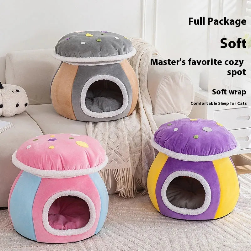 Grey mushroom-shaped cat bed made of thick plush, with a removable blanket inside.