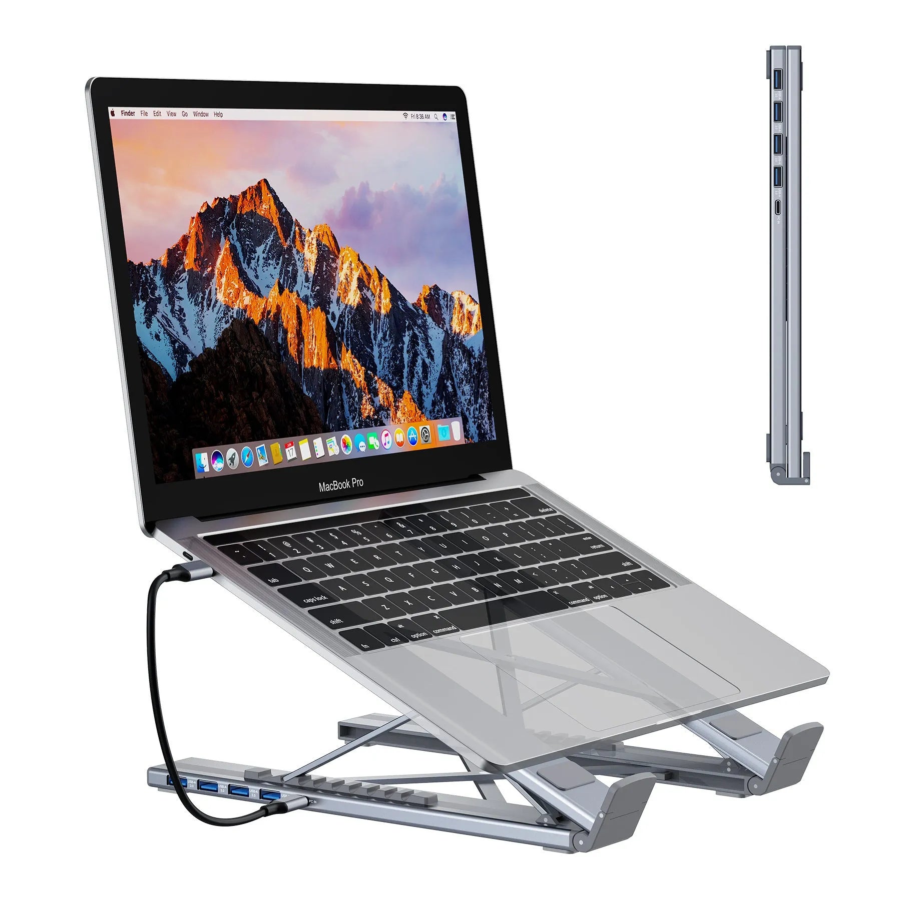 Aluminium alloy folding 8-in-1 HDMI docking station laptop stand with 0.6m cable
