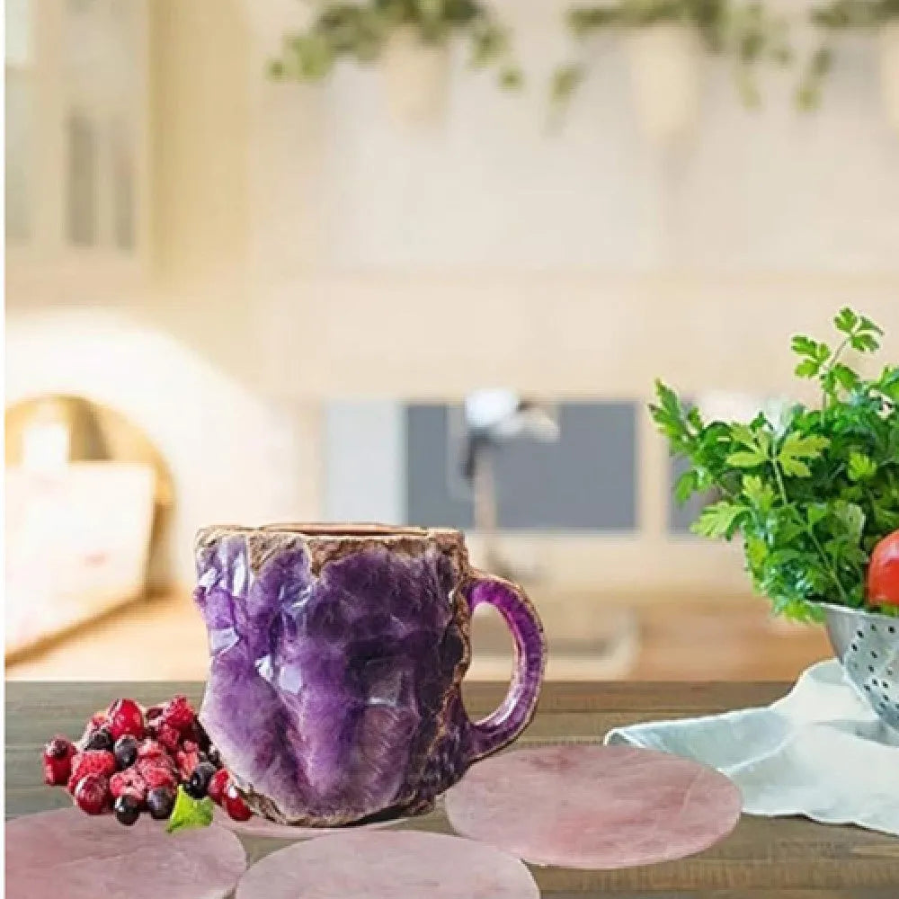 400ml resin mineral crystal coffee mug with handle, 10cm high, purple colour, on a table