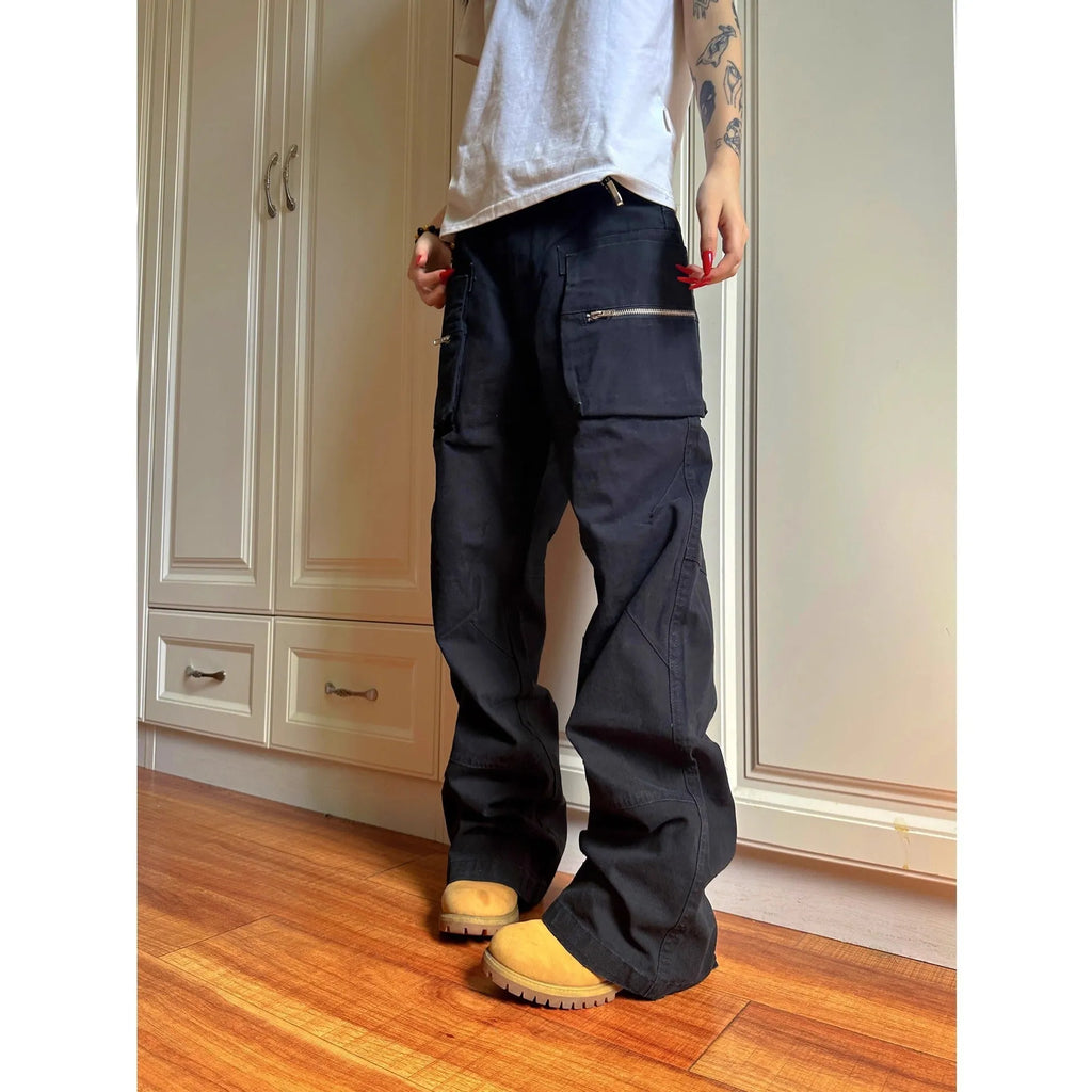 Green and black double zipper cotton casual pants with pockets in mid-waist workwear style