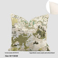 Antique green wool blended pillowcase with abstract spring flowers pattern, shown in square and bolster sizes.