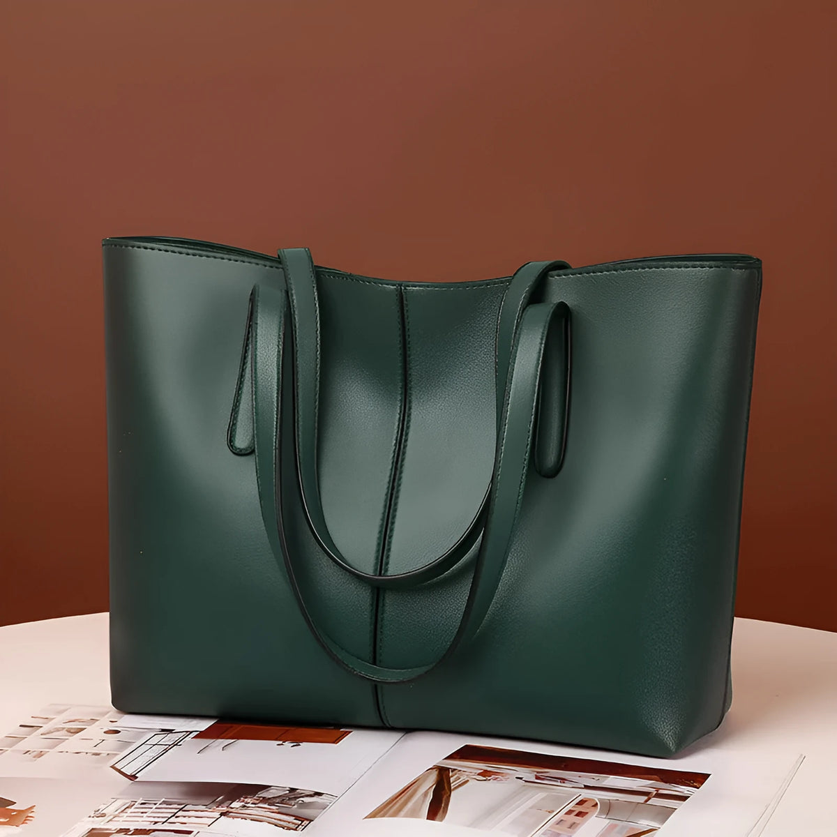 Simple Retro women's PU shoulder bag, horizontal square, double straps, 32x12x26cm, in silver, black, wine red, or green.