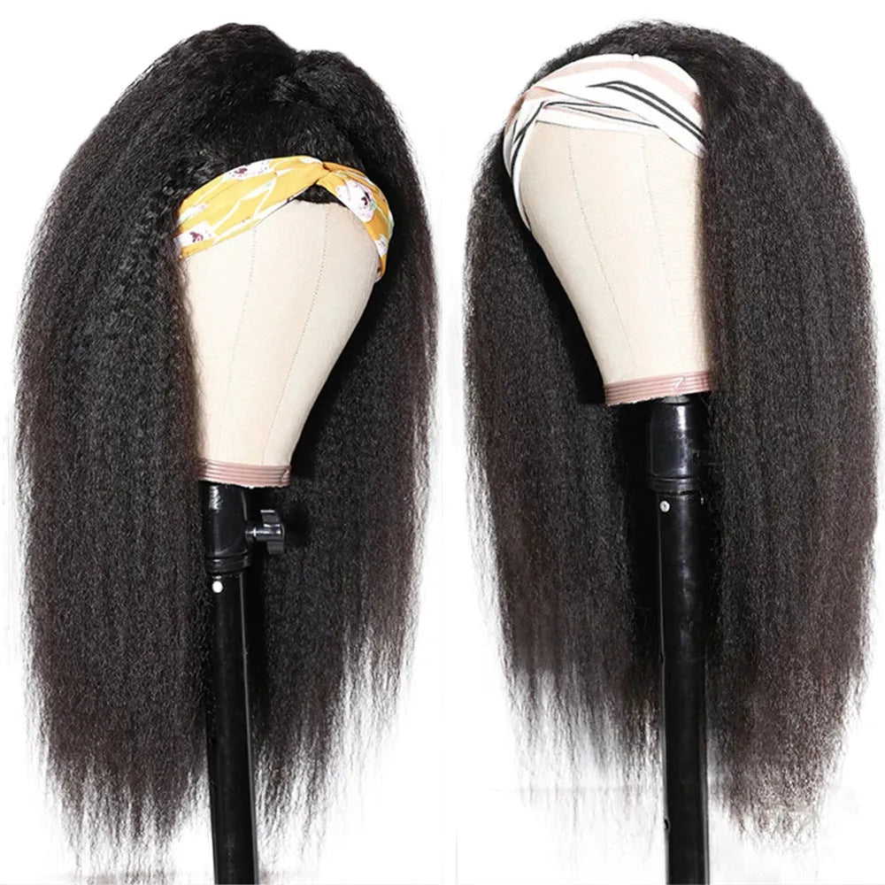 Headband wig made of human hair, kinky straight style, 1B natural colour, available in 8-26 inches.