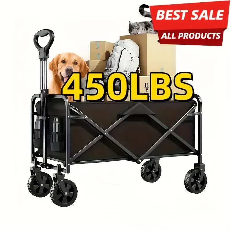 Collapsible foldable metal garden wagon cart with a 220lb load capacity shown in open and folded positions.
