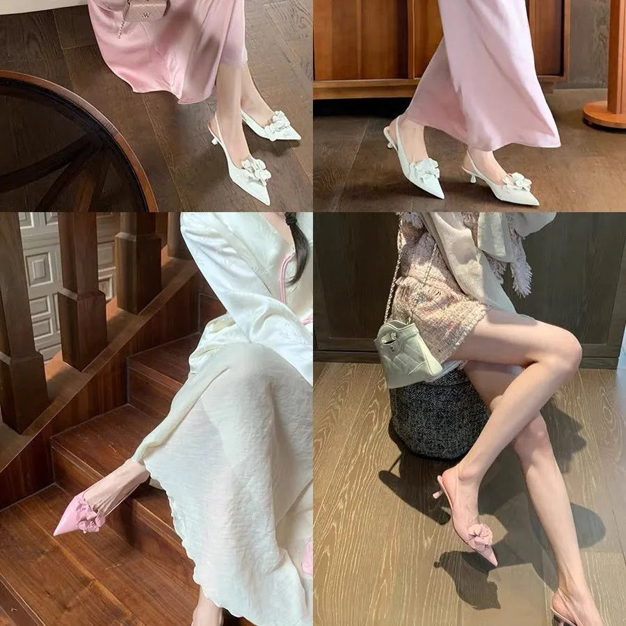 Women's Low-Cut Hollow Pointed Toe High Heels with Sharp Toe Bracket in Microfiber Available in White and Pink Sizes 35-40