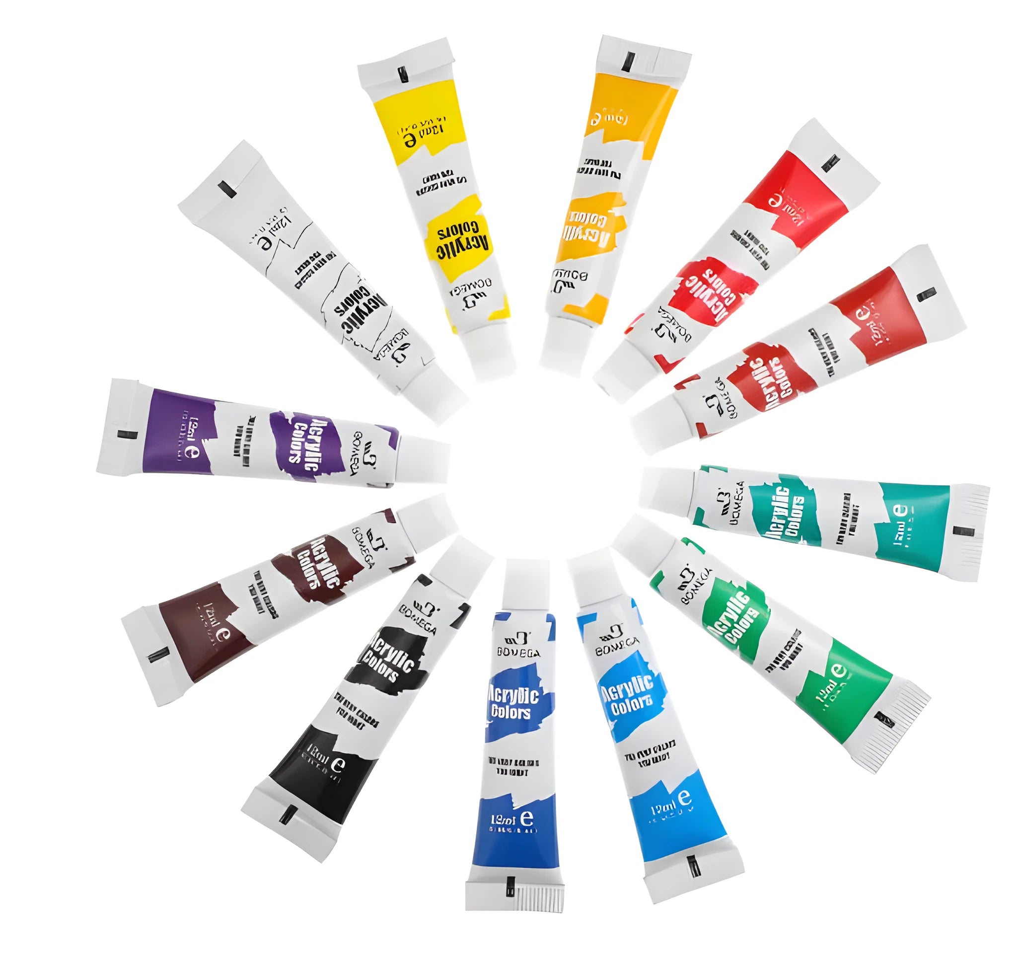 Artists' paint set showing twelve colour tubes organised in strips for acrylic, gouache, watercolour, and oil painting