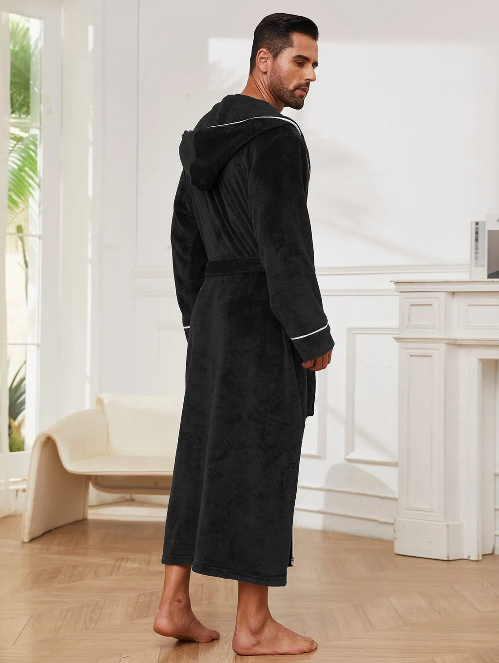 Men's grey flannel bathrobe set on hanger showing European/American style cut