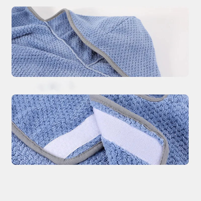 Blue dog bath robe towel with adjustable waistband shown on dog model