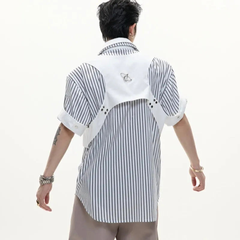 Men's striped cotton shirt with double collar design in black and white patterns, short sleeves with single-breasted fastening