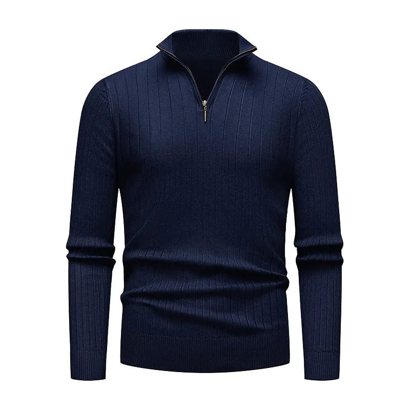 Men's half-zip striped knitwear sweater with stand collar and long sleeves in khaki, brown, dark grey, navy blue, or black
