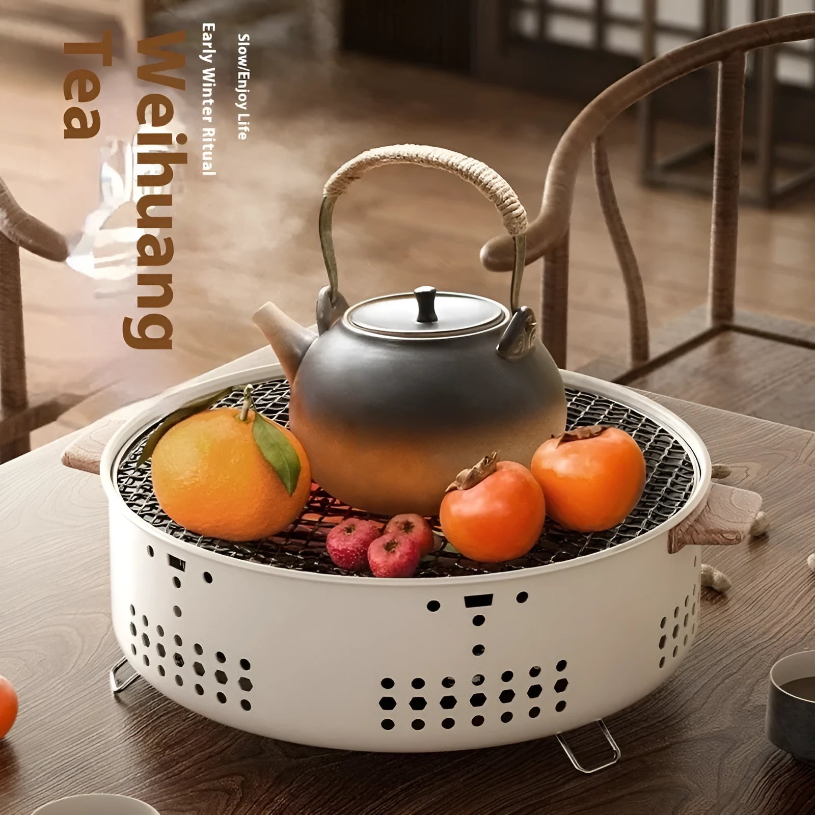 Portable multi-functional charcoal stove with grill rack disk for indoor and outdoor cooking.