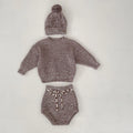 Infant girl dark brown knitted three-piece set with fur ball hat on hanger