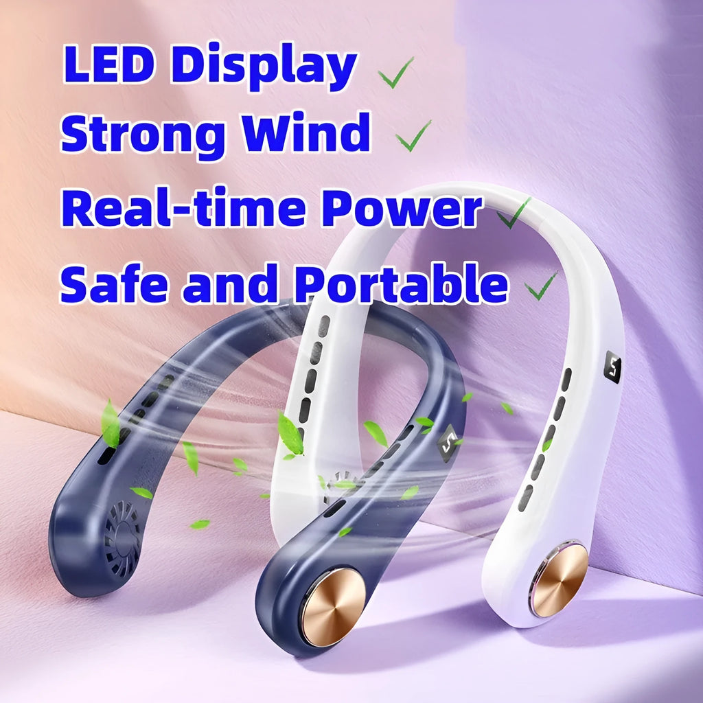 White bladeless neck fan hanging around neck showing decentralised air outlet and modern snake shape design