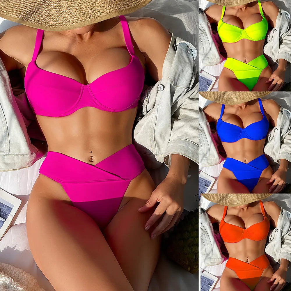 Solid colour nylon bikini swimsuit with briefs style and sleeveless top on a mannequin