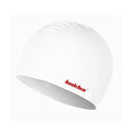 Silicone swimming cap with earmuff design in multiple colours featuring a printed letter pattern.