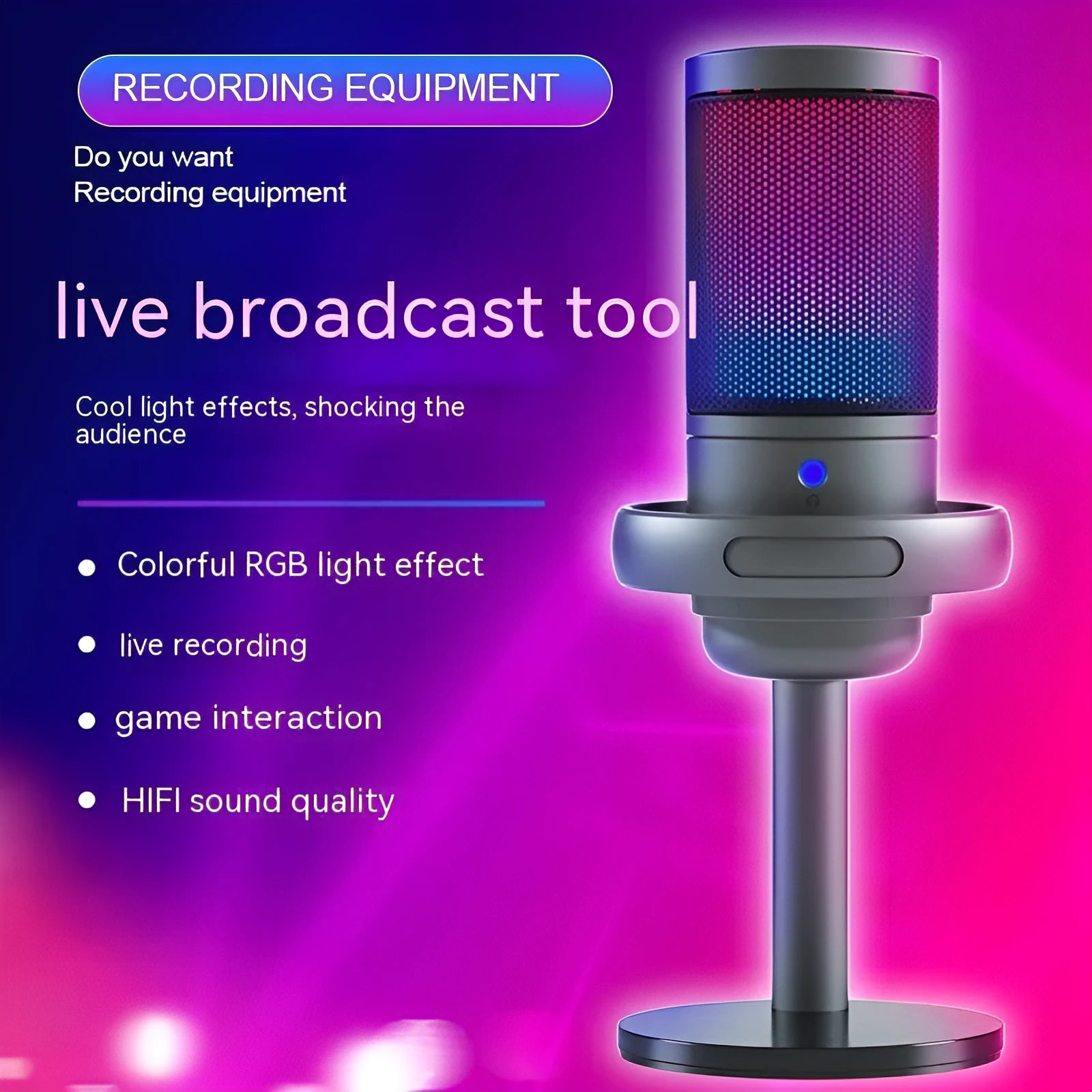 RGB condenser microphone for live broadcasting in black, white, or pink colours with 150cm USB cable