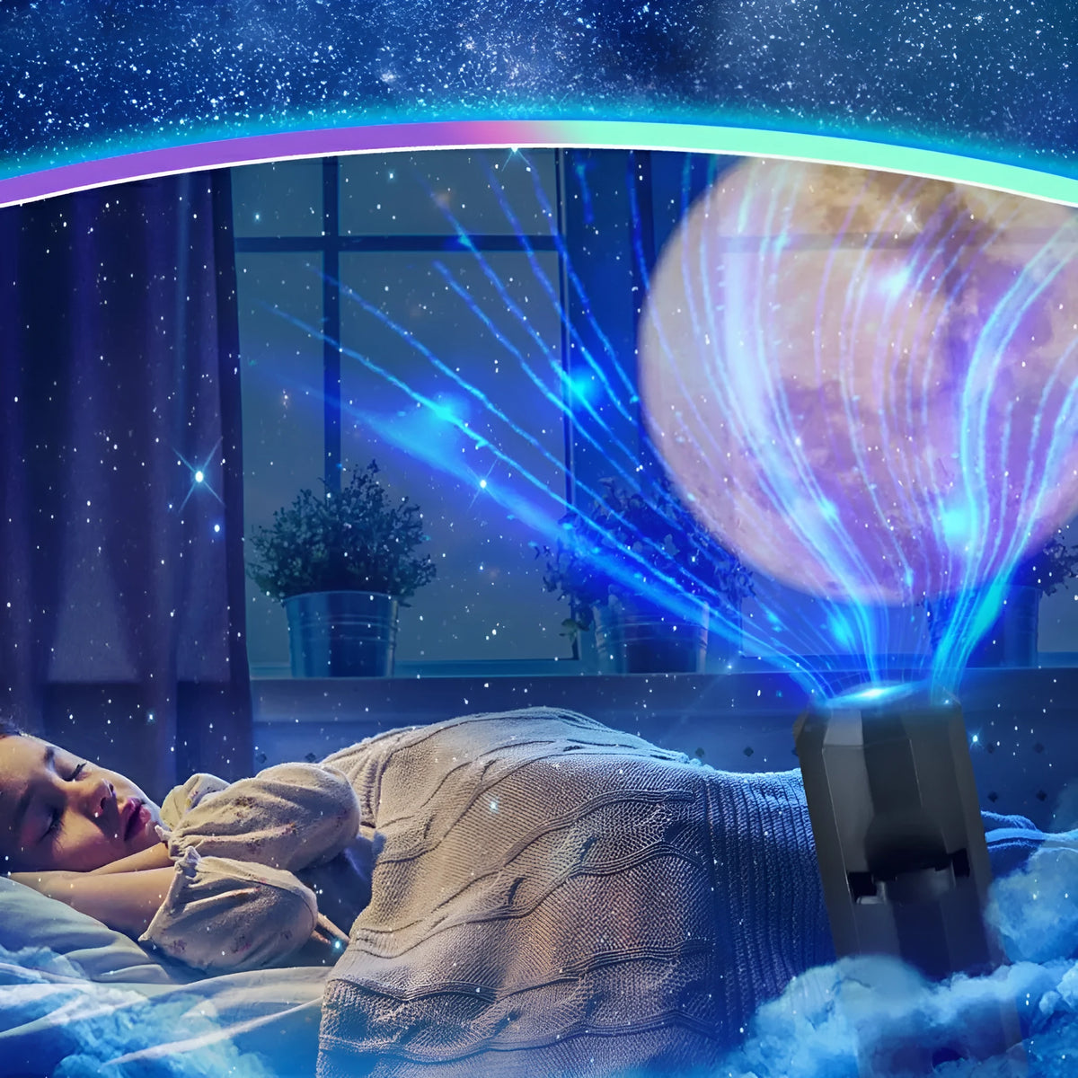 Creative Atmosphere USB Moon Projection Lamp with PC lampshade and aluminium body, nine light colours, modern simplicity style