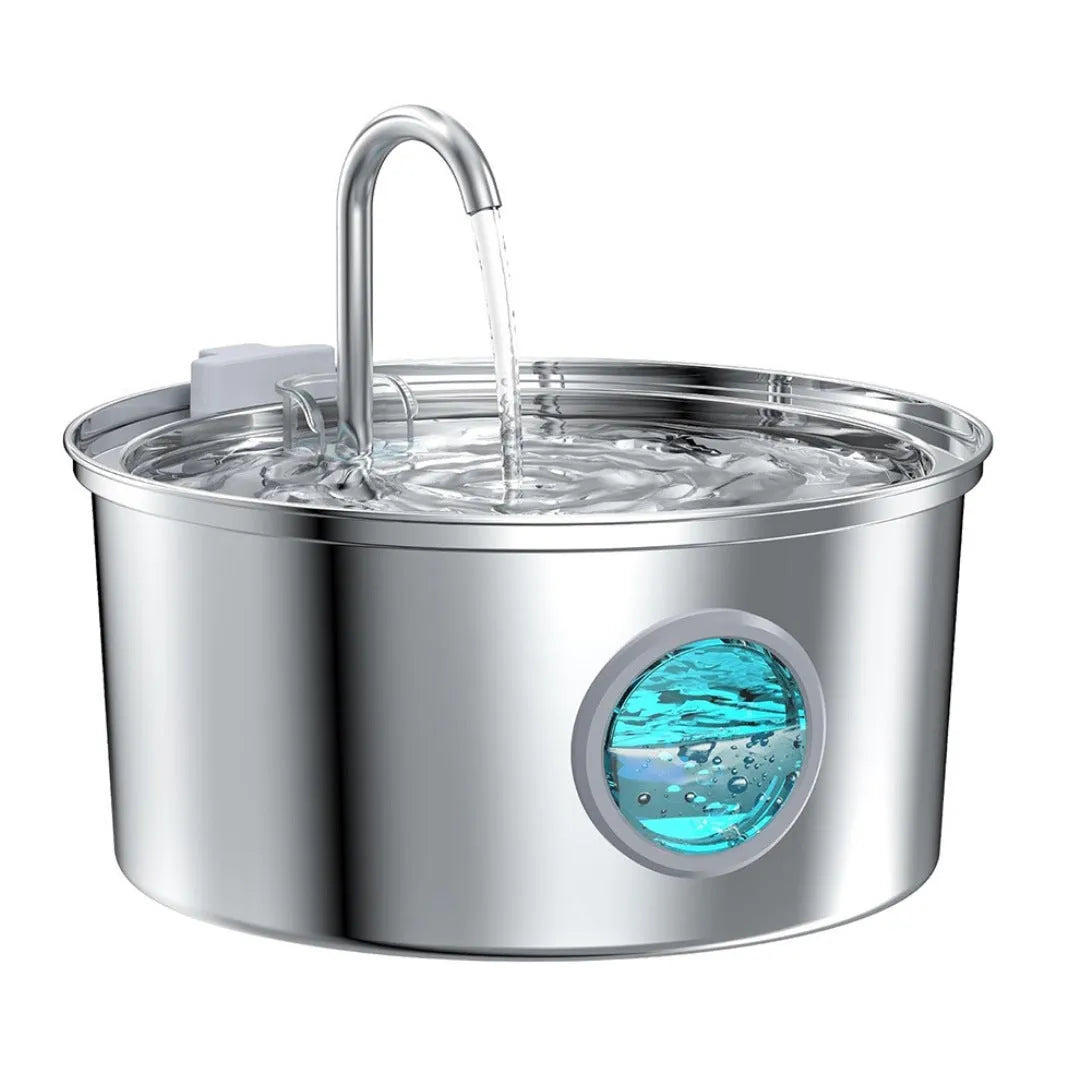 Stainless steel round pet water dispenser with large reservoir and selectable faucet attachment