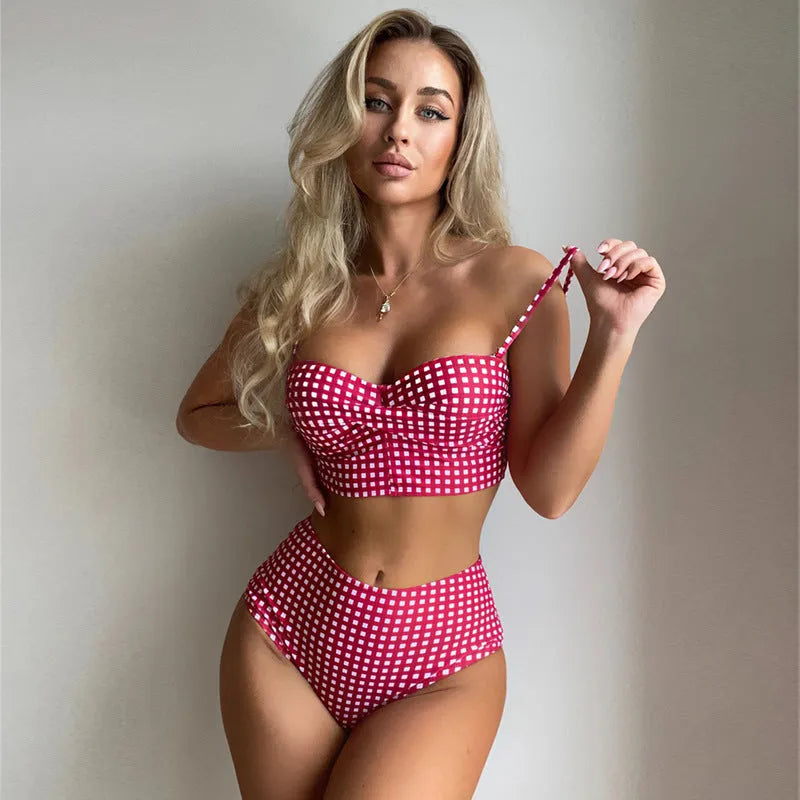 Women's plaid bikini swimsuit with high-waisted briefs in rose red, on a mannequin.