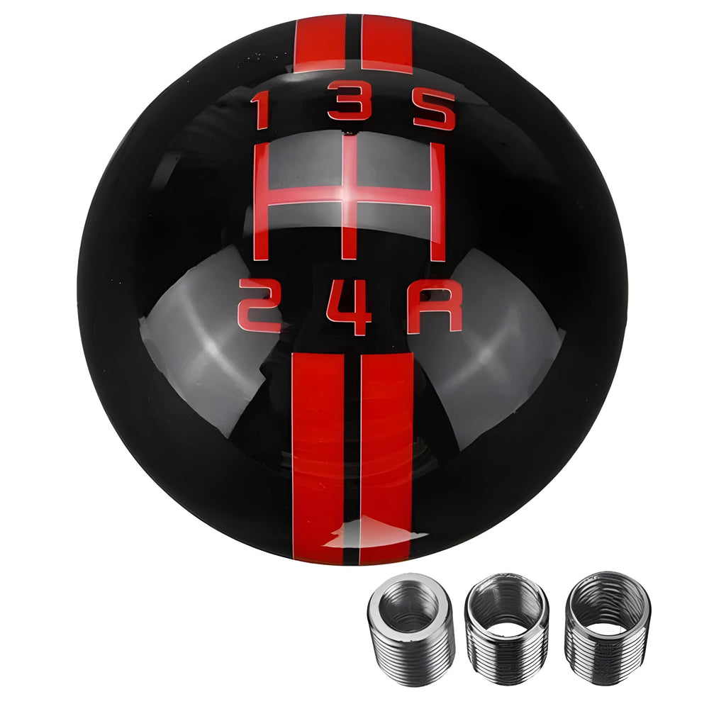 Universal black acrylic 5-speed car gear knob with red numbering and fitting screws