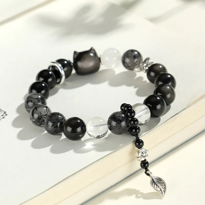 Silverstone and crystal beaded bracelet with electroplated finish and adjustable extension chain