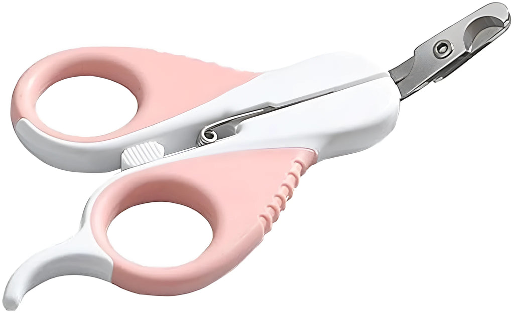 Grey and pink cat nail clippers with curved safety blade and ergonomic rubberised handles
